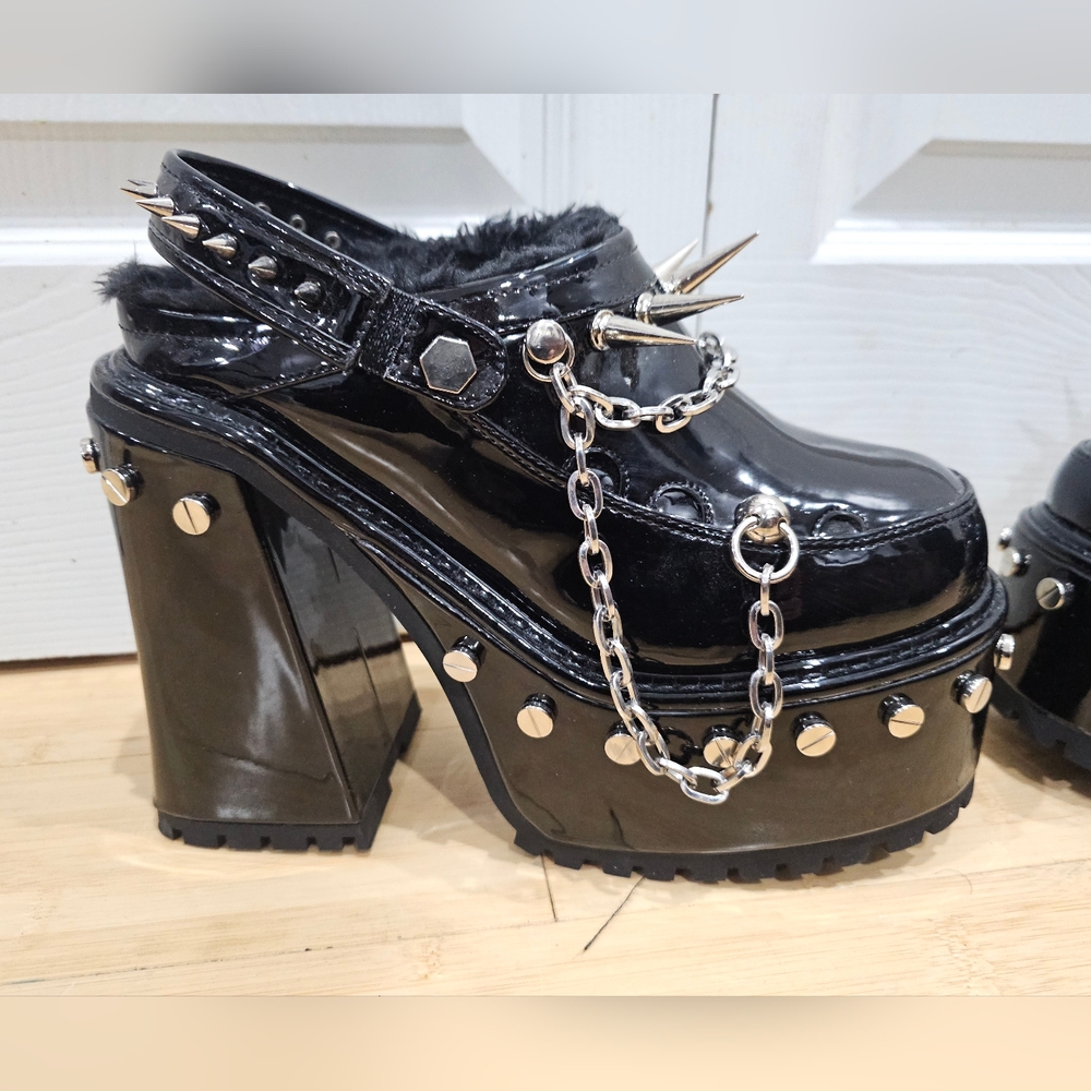Dolls Kill Widow Black Silver Spiked Righteous Rebel Platform Mules Heels 8 9 - Picture 7 of 11
